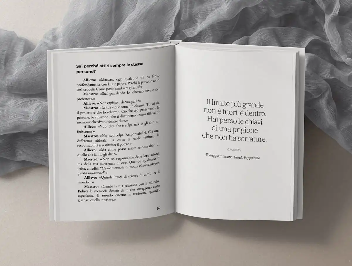 Open book showing a dialogue excerpt from Il Viaggio Interiore, volume I.